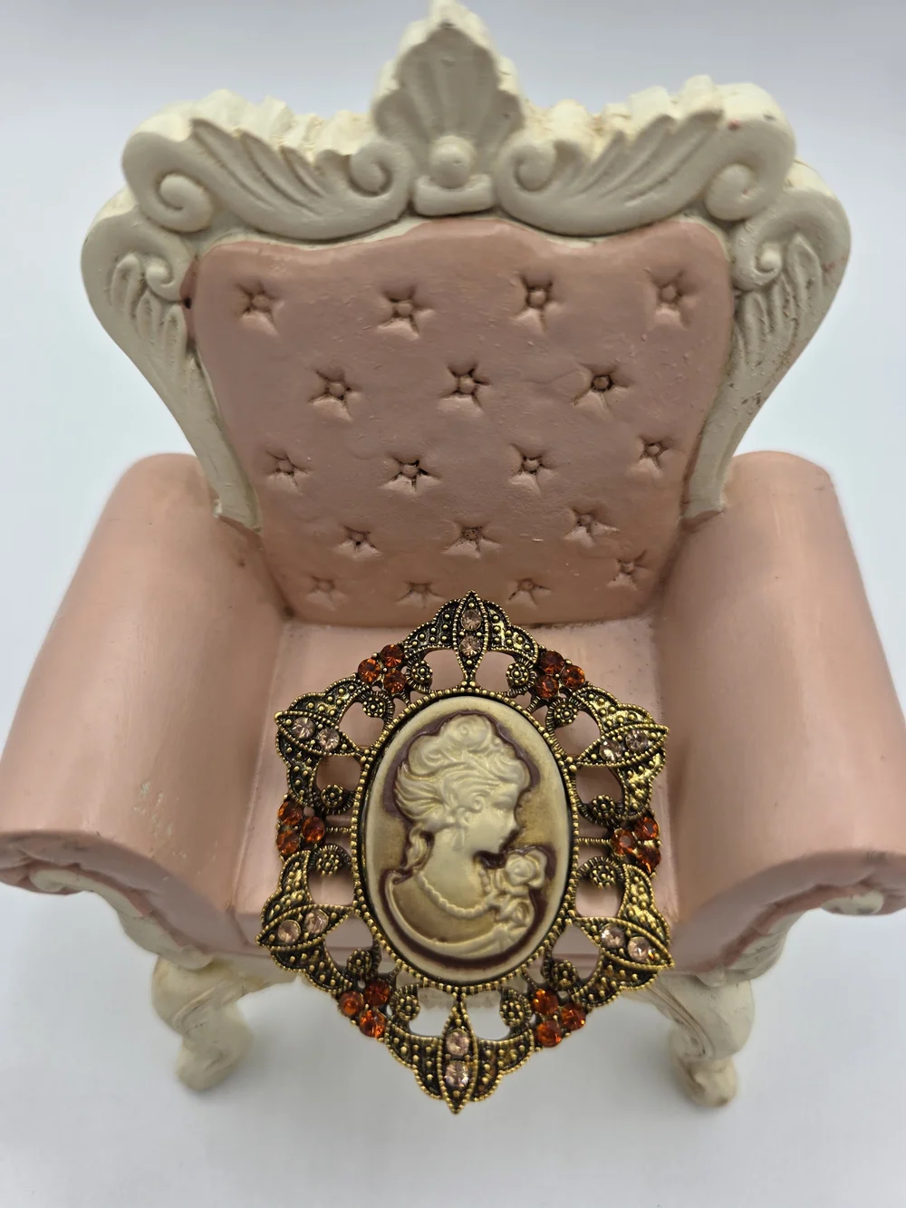 Vintage Style Cameo Brooch with Gold Filigree and Amber Crystal Accents